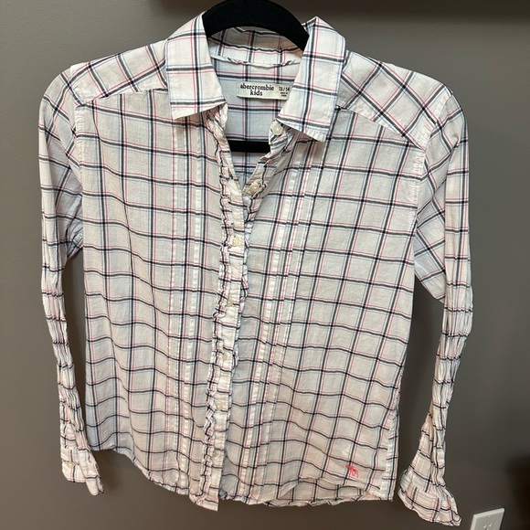 ABERCROMBIE KIDS | Girls White & Pink Plaid Ruffled Button Up Shirt - Picture 1 of 7
